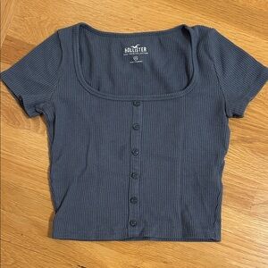 Hollister Women's Navy Short Sleeve Button-Up Tee